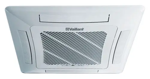 Deckenkassette von Vaillant mit einem rechteckigen, gitterförmigen Luftauslass und seitlichen Lüftungsschlitzen. Das Gerät ist in Weiß gehalten.